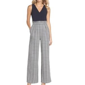 Chelsea28 Navy Plaid Wide Leg Jumpsuit Belted High Rise NWT